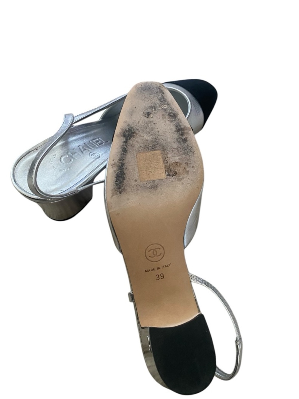 CHANEL Rare Silver Slingback Heels Cap Toe 39 Iconic Pumps Worn 3x - Picture 7 of 16